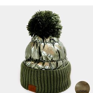 Metallic Green Pom Pom Beanie